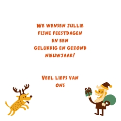 Cartoon kerstman met getekende rendierhond oranje geel Achterkant